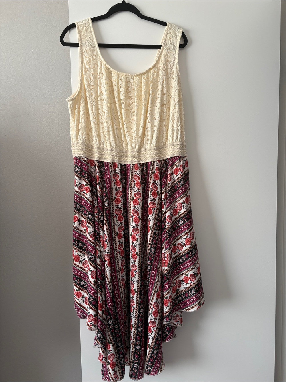 Liberty Love Cream Lace Bodice Floral Stripe High-Low Dress